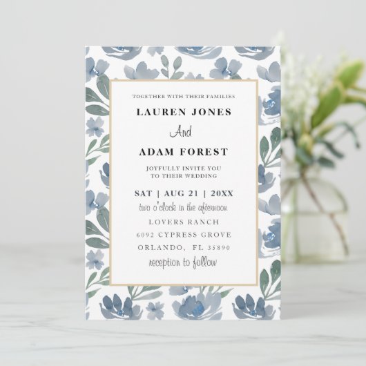 エレガントほこりっぽい青い花結婚柄 招待状 (スタンド正面)