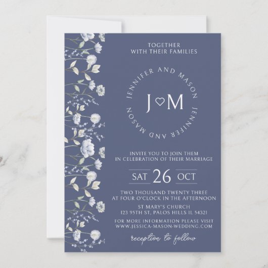 エレガントほこりっぽい青い野草結婚式招待状 招待状 (正面)