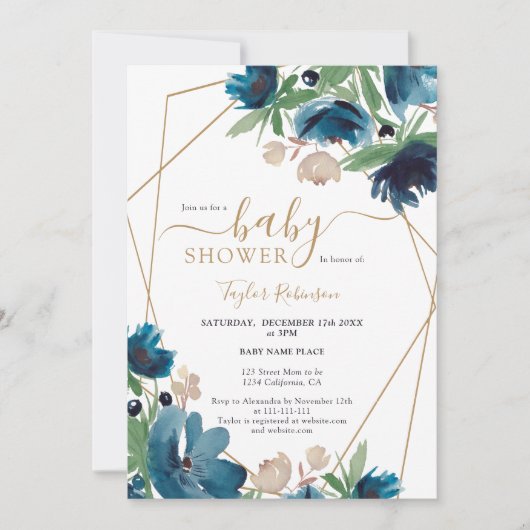 エレガントほこりっぽい青い金ゴールドフローラ赤ちゃんシャワー 招待状 (正面)