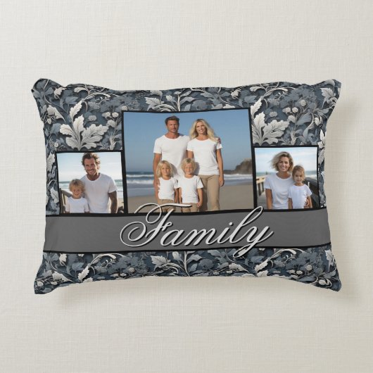 エレガントほこりっぽい青い銀の白い灰色フローラ アクセントクッション (正面)