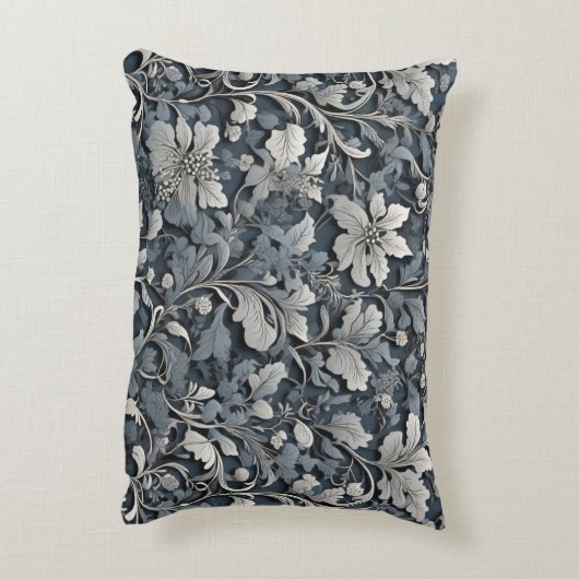 エレガントほこりっぽい青い銀の白い灰色フローラ アクセントクッション (裏面(縦))