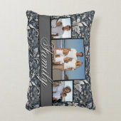 エレガントほこりっぽい青い銀の白い灰色フローラ アクセントクッション (正面(垂直))