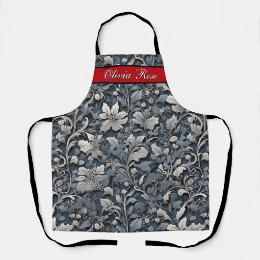 エレガントほこりっぽい青い銀の白い灰色フローラ エプロン (正面)