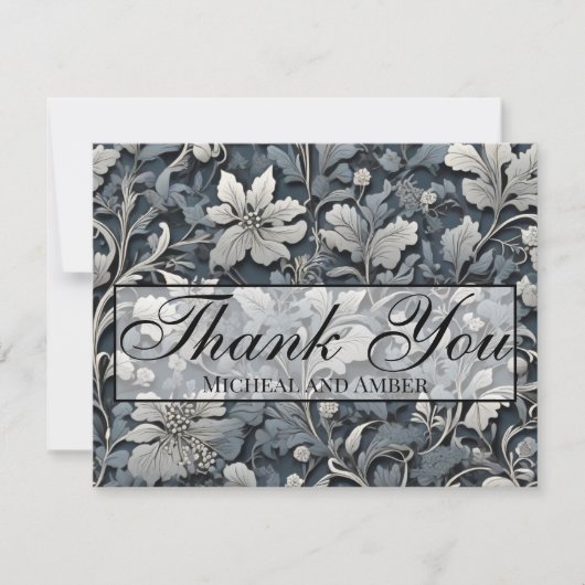 エレガントほこりっぽい青い銀の白い灰色フローラ サンキューカード (正面)