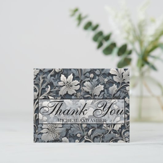 エレガントほこりっぽい青い銀の白い灰色フローラ サンキューカード (スタンド正面)