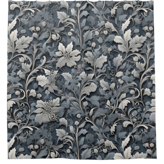 エレガントほこりっぽい青い銀の白い灰色フローラ シャワーカーテン (正面)