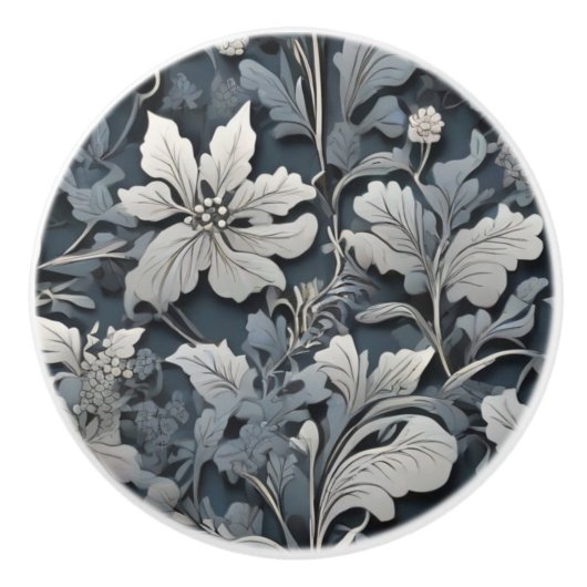 エレガントほこりっぽい青い銀の白い灰色フローラ セラミックノブ (正面)