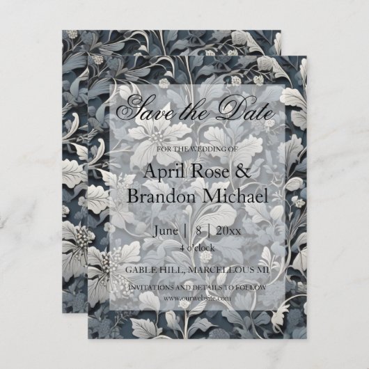 エレガントほこりっぽい青い銀の白い灰色フローラ セーブザデート (正面/裏面)