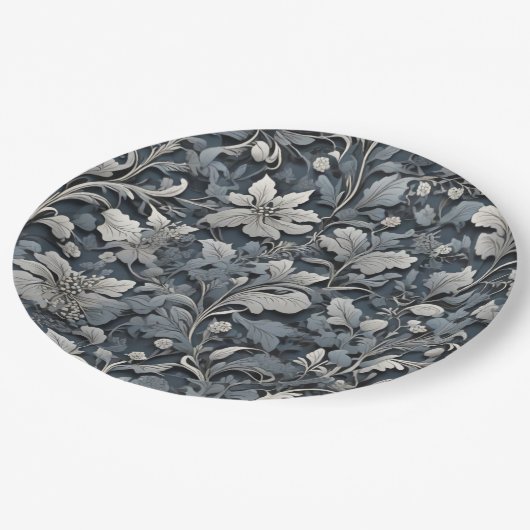 エレガントほこりっぽい青い銀の白い灰色フローラ ペーパープレート (アングル)