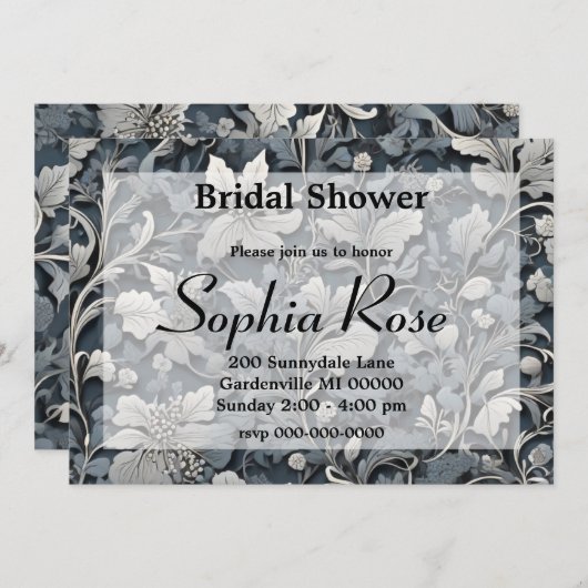 エレガントほこりっぽい青い銀の白い灰色フローラ 招待状 (正面/裏面)