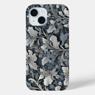 エレガントほこりっぽい青い銀の白い灰色フローラ iPhone 15ケース