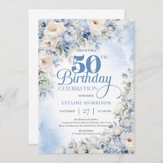 エレガントほこりっぽい青とアイボリーの花50歳の誕生日 招待状 (正面/裏面)