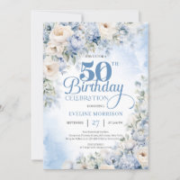 エレガントほこりっぽい青とアイボリーの花50歳の誕生日