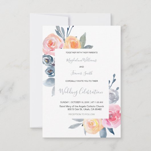 エレガントほこりっぽい青とバラのピ結婚ンク 招待状 (正面)