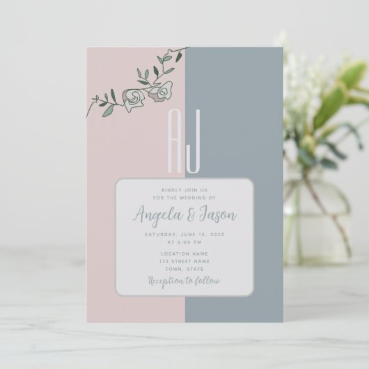 エレガントほこりっぽい青とピンクのフローラ写真結婚 招待状 (スタンド正面)