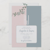 エレガントほこりっぽい青とピンクのフローラ写真結婚 招待状 (正面/裏面)