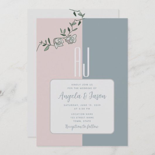 エレガントほこりっぽい青とピンクのフローラ写真結婚 招待状 (正面/裏面)