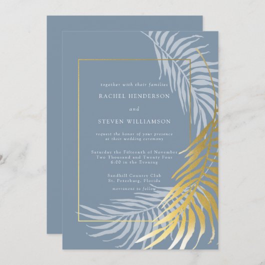 エレガントほこりっぽい青と白のトロピカル結婚ズ 招待状 (正面/裏面)