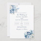 エレガントほこりっぽい青と白の野結婚花 招待状 (正面)