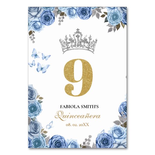 エレガントほこりっぽい青と金ゴールドキンセアニェラ テーブルナンバー (正面)