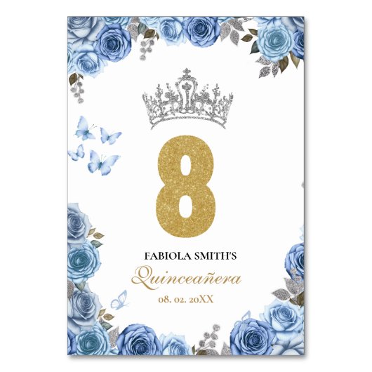 エレガントほこりっぽい青と金ゴールドキンセアニェラ テーブルナンバー (正面)