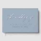 エレガントほこりっぽい青と銀の書道結婚 ゲストブック (正面)