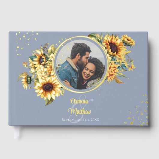 エレガントほこりっぽい青ひまわり結婚写真 ゲストブック (正面)