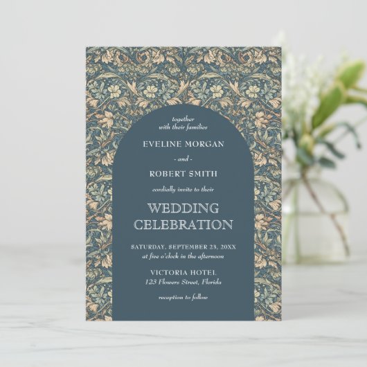 エレガントほこりっぽい青アイボリーフローラアールヌーボー 招待状 (スタンド正面)