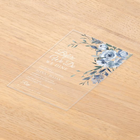 エレガントほこりっぽい青フローラのリハ結婚ーサル アクリル招待状 (レイダウン)