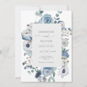 エレガントほこりっぽい青フローラフレーム結婚式招待状 招待状 (正面)