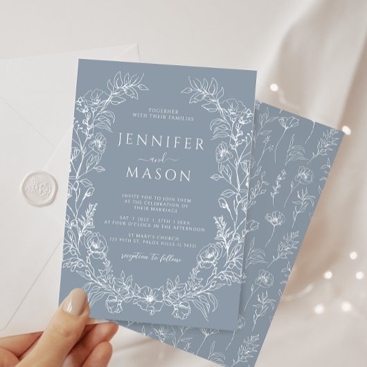 エレガントほこりっぽい青フローラリースボヘ結婚ミアン 招待状