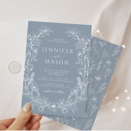 エレガントほこりっぽい青フローラリースボヘ結婚ミアン 招待状