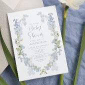 エレガントほこりっぽい青フローラ水色ベビーシャワー 招待状