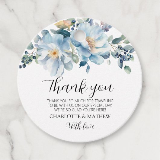 エレガントほこりっぽい青フローラ結婚式の引き出物ギフトラベル フェイバータグ (正面)