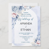 エレガントほこりっぽい青フローラ結婚式招待状 招待状 (正面)