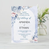 エレガントほこりっぽい青フローラ結婚式招待状 招待状 (スタンド正面)