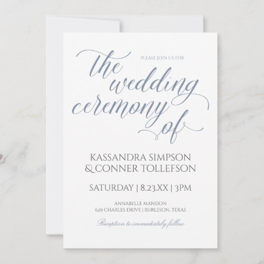 エレガントほこりっぽい青結婚式招待状 – 書道 招待状 (正面)