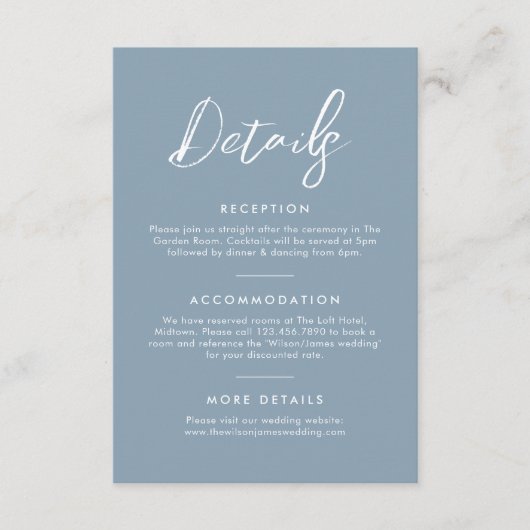 エレガントほこりっぽい青結婚書道の詳細 エンクロージャーカード (正面)