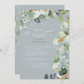 エレガントほこりっぽい青結婚葉のブライダルシャワー 招待状 (正面/裏面)