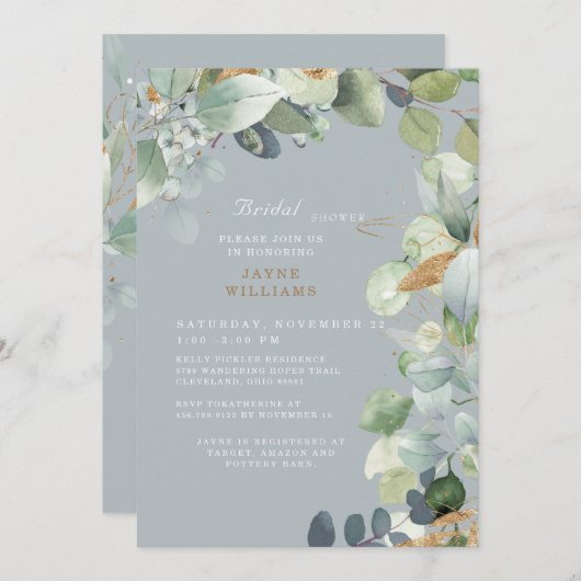 エレガントほこりっぽい青結婚葉のブライダルシャワー 招待状 (正面/裏面)