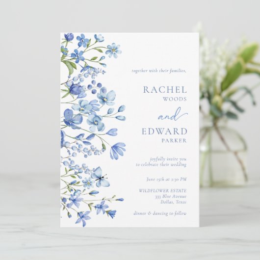 エレガントほこりっぽい青結婚野花 招待状 (スタンド正面)
