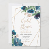 エレガントほこりっぽい青金ゴールドフローラブライダルシャワー 招待状 (正面)