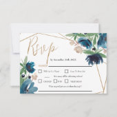 エレガントほこりっぽい青金ゴールドフローラ水結婚色の 出欠カード (正面)