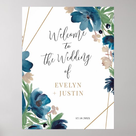 エレガントほこりっぽい青金ゴールド結婚フローラ ポスター (正面)