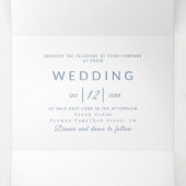 エレガントほこりっぽい青、白いタイポグラフィ写真結婚の写真 三つ折り招待状 (内部中)