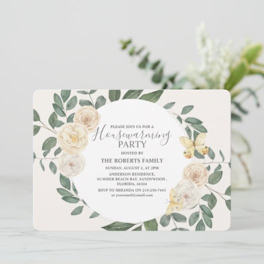 エレガントアイボリーとグリーン引っ越し祝いパーティーパーティー 招待状 (スタンド正面)