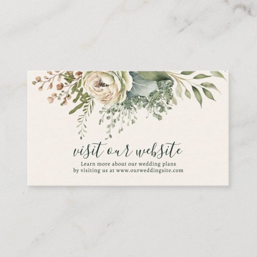 エレガントアイボリーとセージフローラの結婚ウェブサイト エンクロージャーカード (正面)
