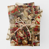 エレガントアイボリーと赤のクビクトリアンリスマスコラージュ ラッピングペーパーシート (インサイチュ)