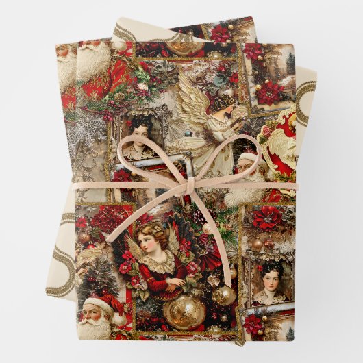 エレガントアイボリーと赤のクビクトリアンリスマスコラージュ ラッピングペーパーシート (インサイチュ)