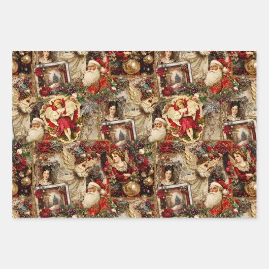 エレガントアイボリーと赤のクビクトリアンリスマスコラージュ ラッピングペーパーシート (正面)
